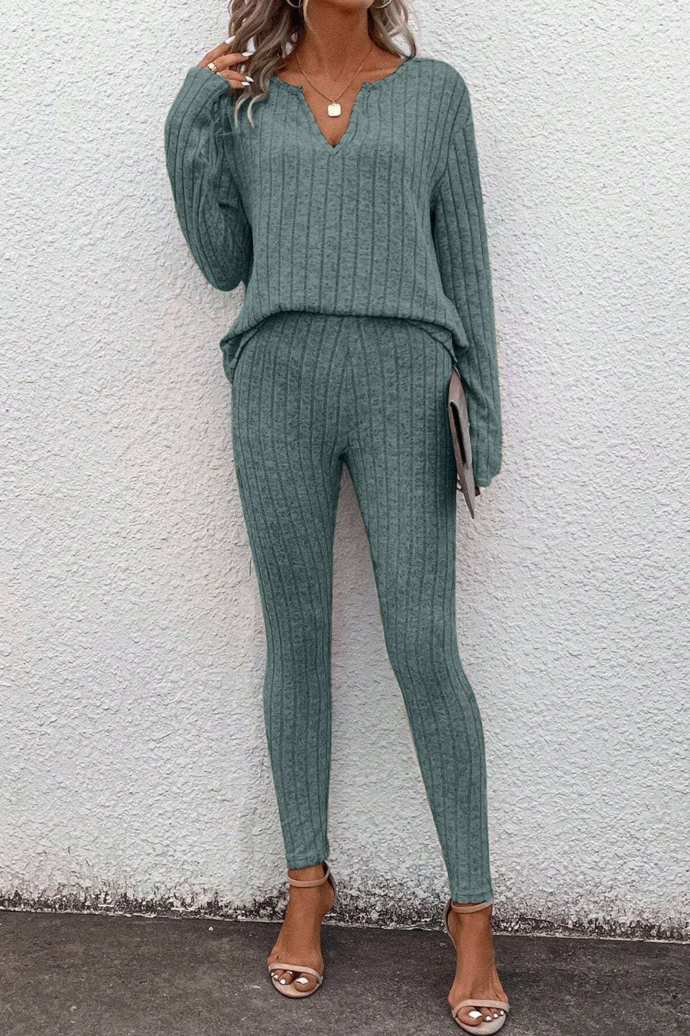 Basic Bae Full Size Notched Long Sleeve Top and Pants Set - Trendsi - Flyclothing LLC