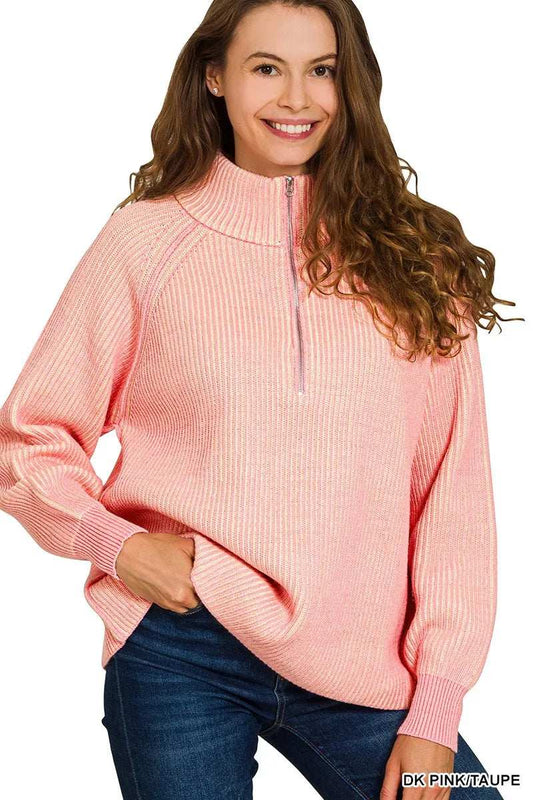 Zenana Ribbed Two Tone Half Zip Sweater - Trendsi - Flyclothing LLC