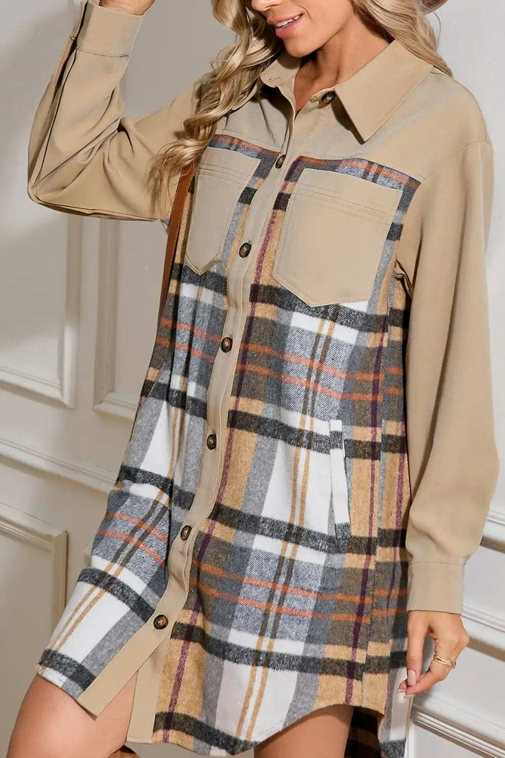 Pocketed Plaid Long Sleeve Mini Shirt Dress - Trendsi - Flyclothing LLC