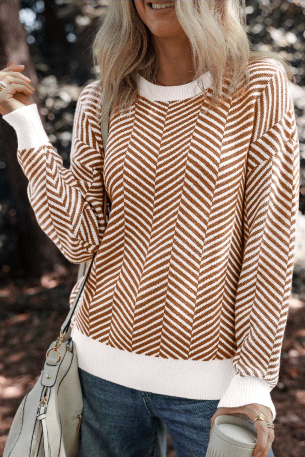 Striped Round Neck Long Sleeve Sweater - Trendsi - Flyclothing LLC