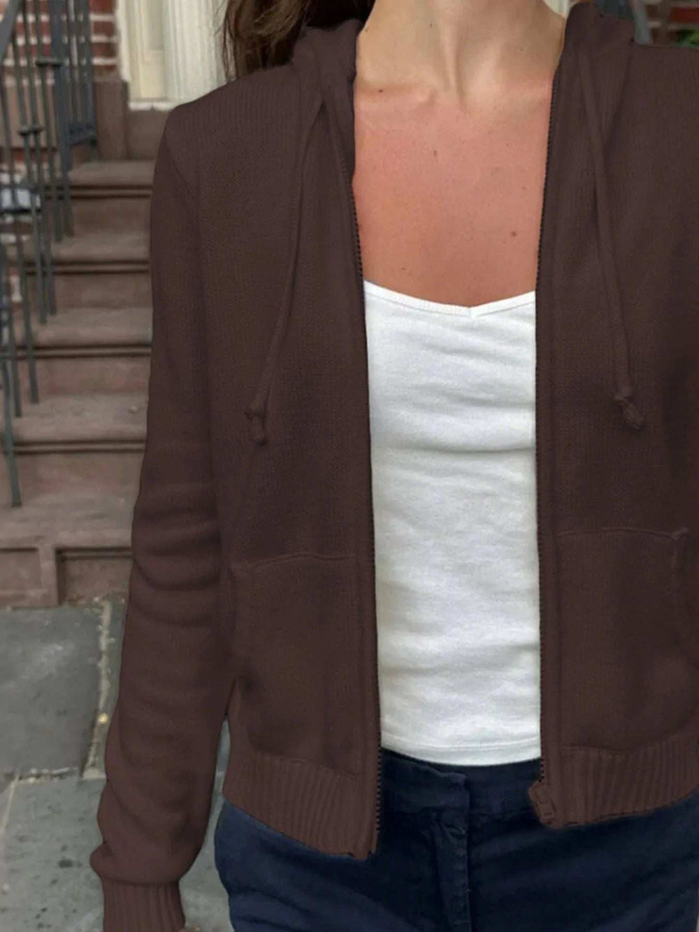 Drawstring Zip Up Long Sleeve Cardigan - Trendsi - Flyclothing LLC