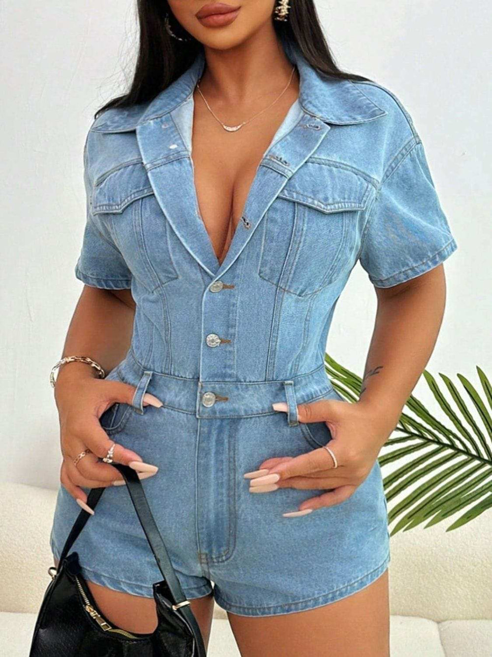Collared Neck Short Sleeve Denim Romper - Trendsi - Flyclothing LLC