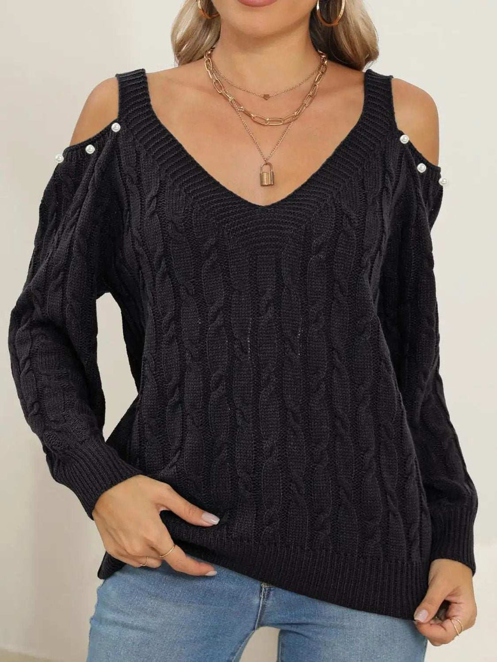 Cable-Knit Cold Shoulder Sweater - Trendsi - Flyclothing LLC
