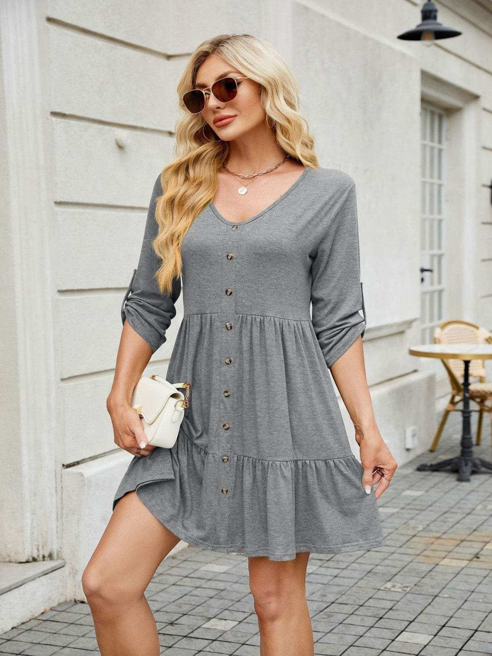 Tiered Ruched V-Neck Mini Dress - Trendsi - Flyclothing LLC