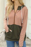 Drawstring Stripe Half Zip Long Sleeve Hoodie - Trendsi - Flyclothing LLC