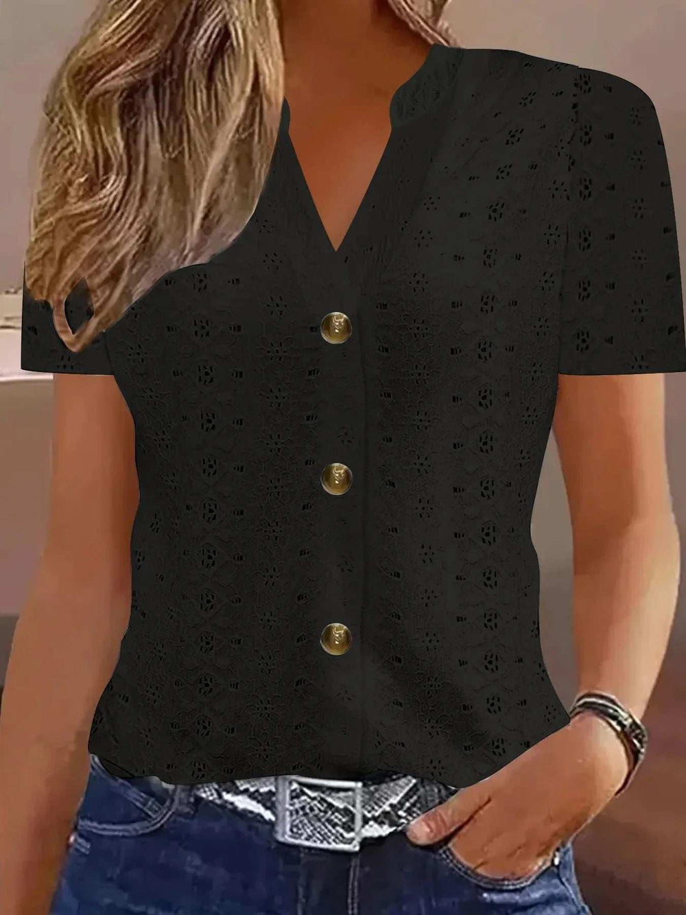 Openwork Notched Short Sleeve Top - Trendsi - Flyclothing LLC