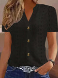 Openwork Notched Short Sleeve Top - Trendsi - Flyclothing LLC