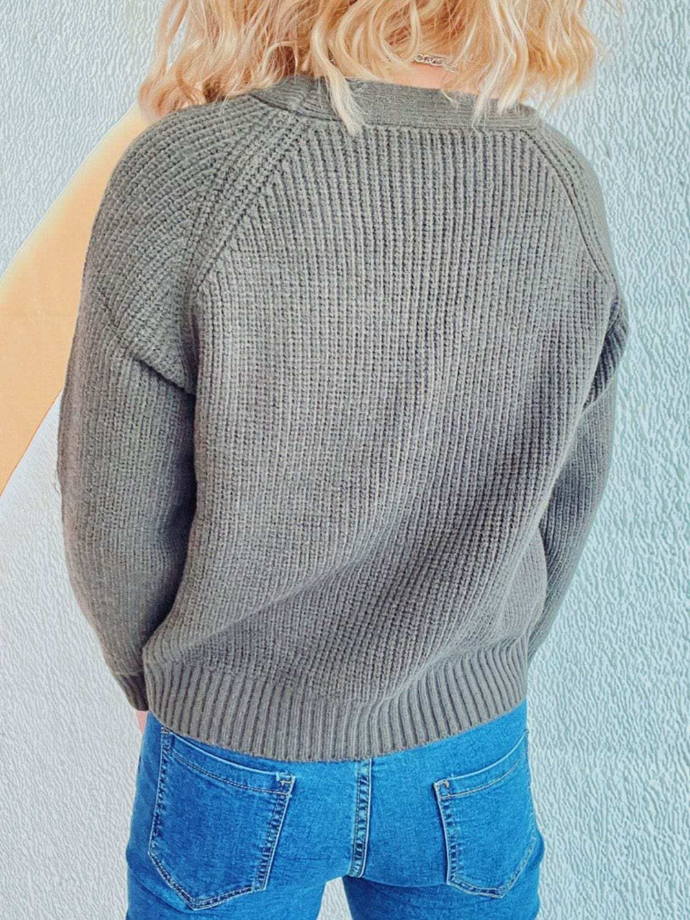 Cable-Knit V-Neck Button Down Long Sleeve Cardigan - Trendsi - Flyclothing LLC