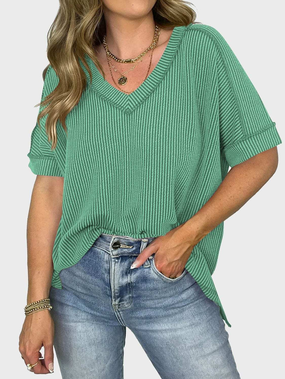 Lovelet Texture V-Neck Half Sleeve T-Shirt - Trendsi - Flyclothing LLC