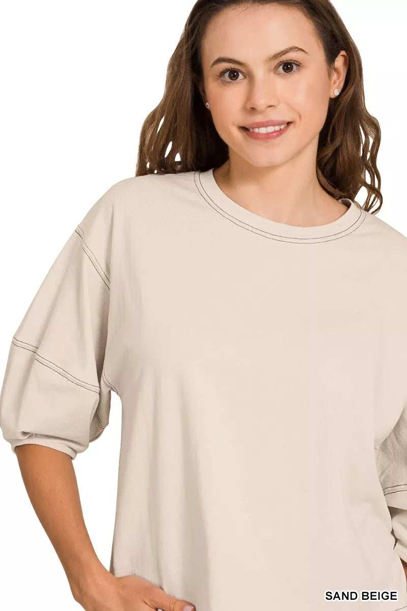 Zenana Balloon Sleeve Top with Contrast Stitching - Trendsi - Flyclothing LLC