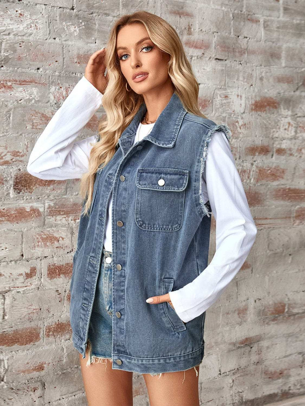 Raw Hem Sleeveless Button Up Denim Jacket - Trendsi - Flyclothing LLC