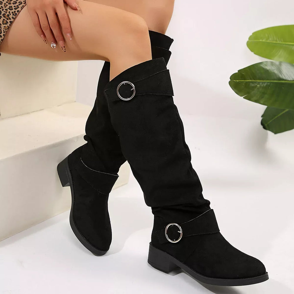 Buckle Accent Slouch Boots - Trendsi - Flyclothing LLC