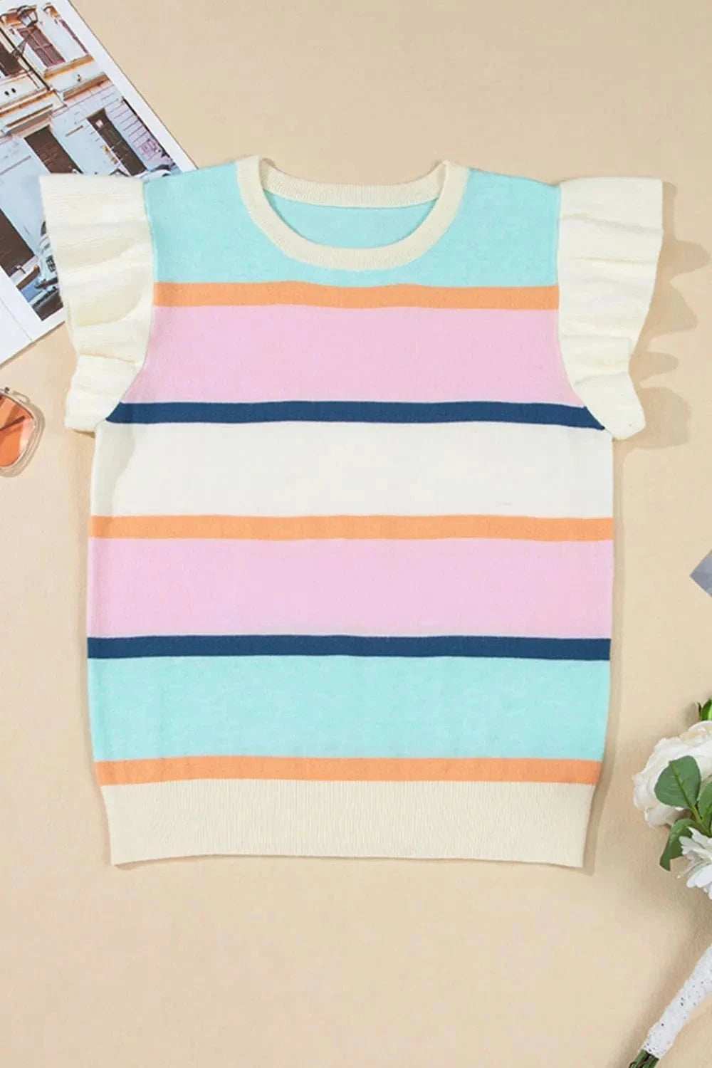 Color Block Round Neck Cap Sleeve Knit Top - Trendsi - Flyclothing LLC