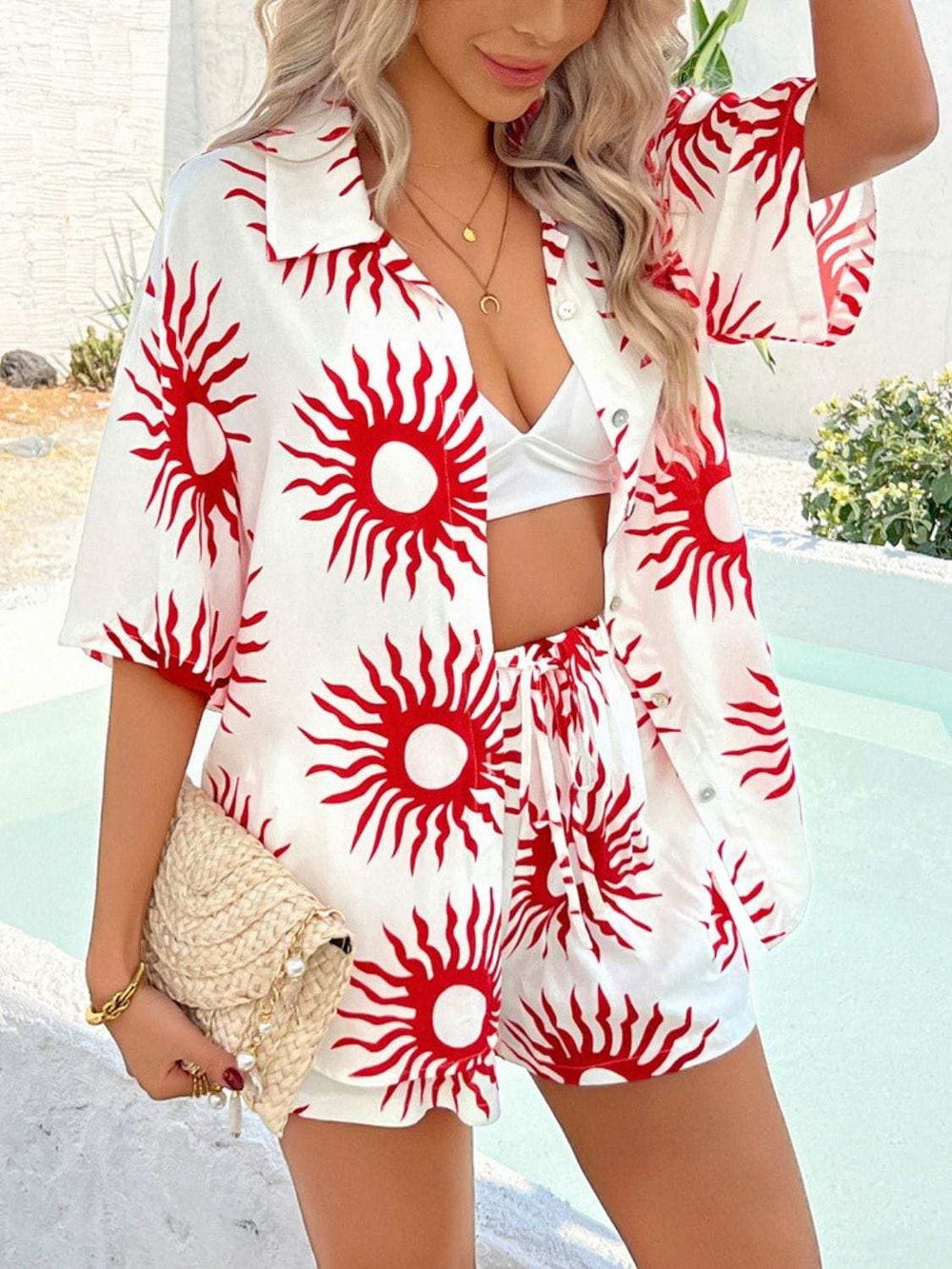 Devine Printed Collared Neck Half Sleeve Top and Shorts Set - Trendsi - Flyclothing LLC