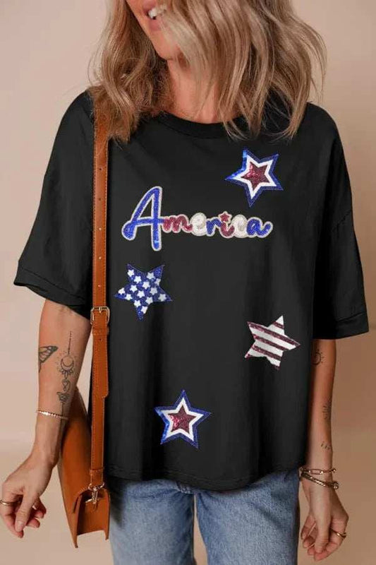 Sequined America Star Round Neck T Shirt - Trendsi - Flyclothing LLC