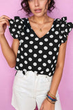 Polka Dot V-Neck Ruffle Cap Sleeve Blouse - Trendsi - Flyclothing LLC