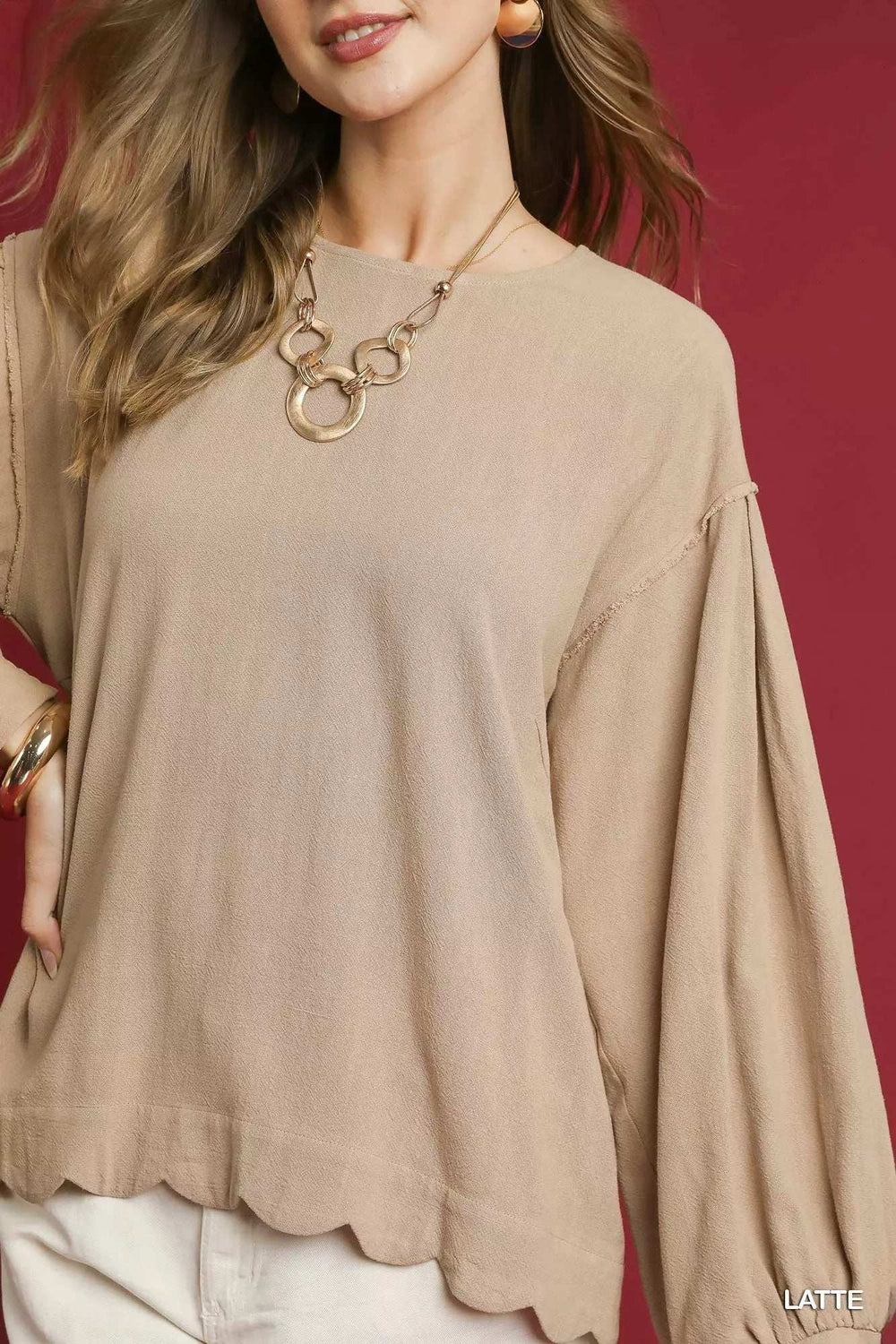 Umgee Linen Scallop Hem Long Sleeve Blouse - Trendsi - Flyclothing LLC