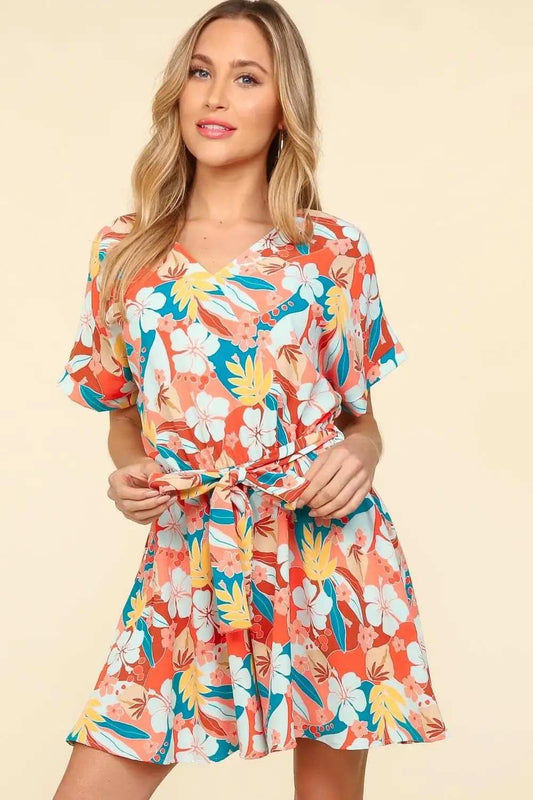 Haptics Tropical Floral Short Sleeve Tied Romper - Trendsi - Flyclothing LLC