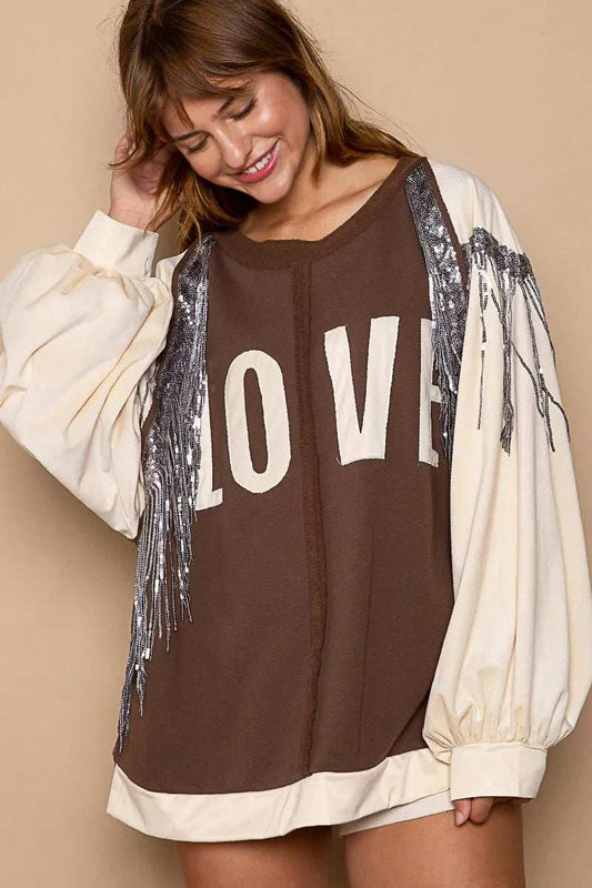 POL Balloon Sleeve French Terry Sweatshirt with Sequin Tassel - Trendsi - Flyclothing LLC