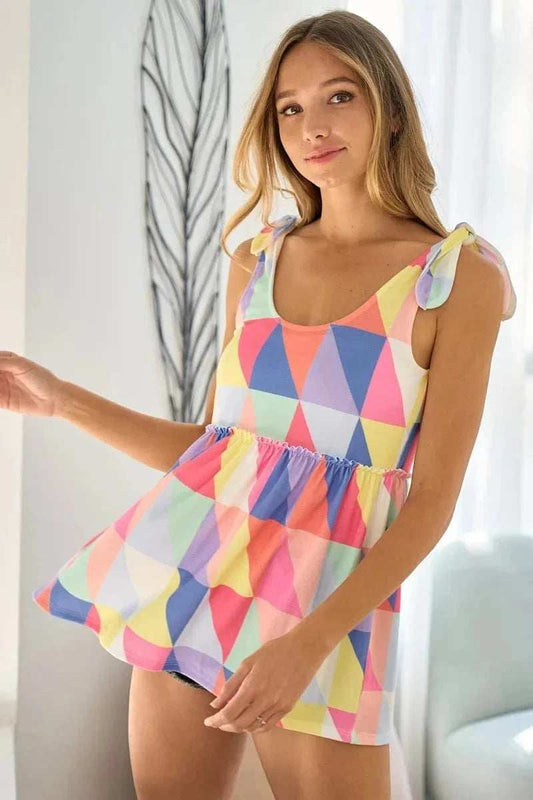 BiBi Multi Color Block Brushed Tied Ribbon Shoulder Top - Trendsi - Flyclothing LLC