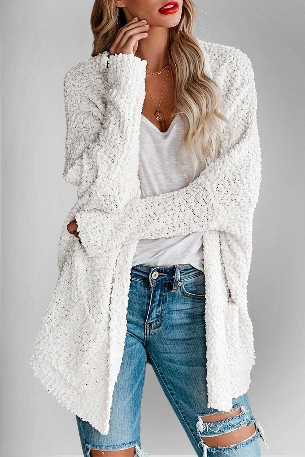 Double Take Pocketed Open Front Long Sleeve Cardigan - Trendsi - Flyclothing LLC