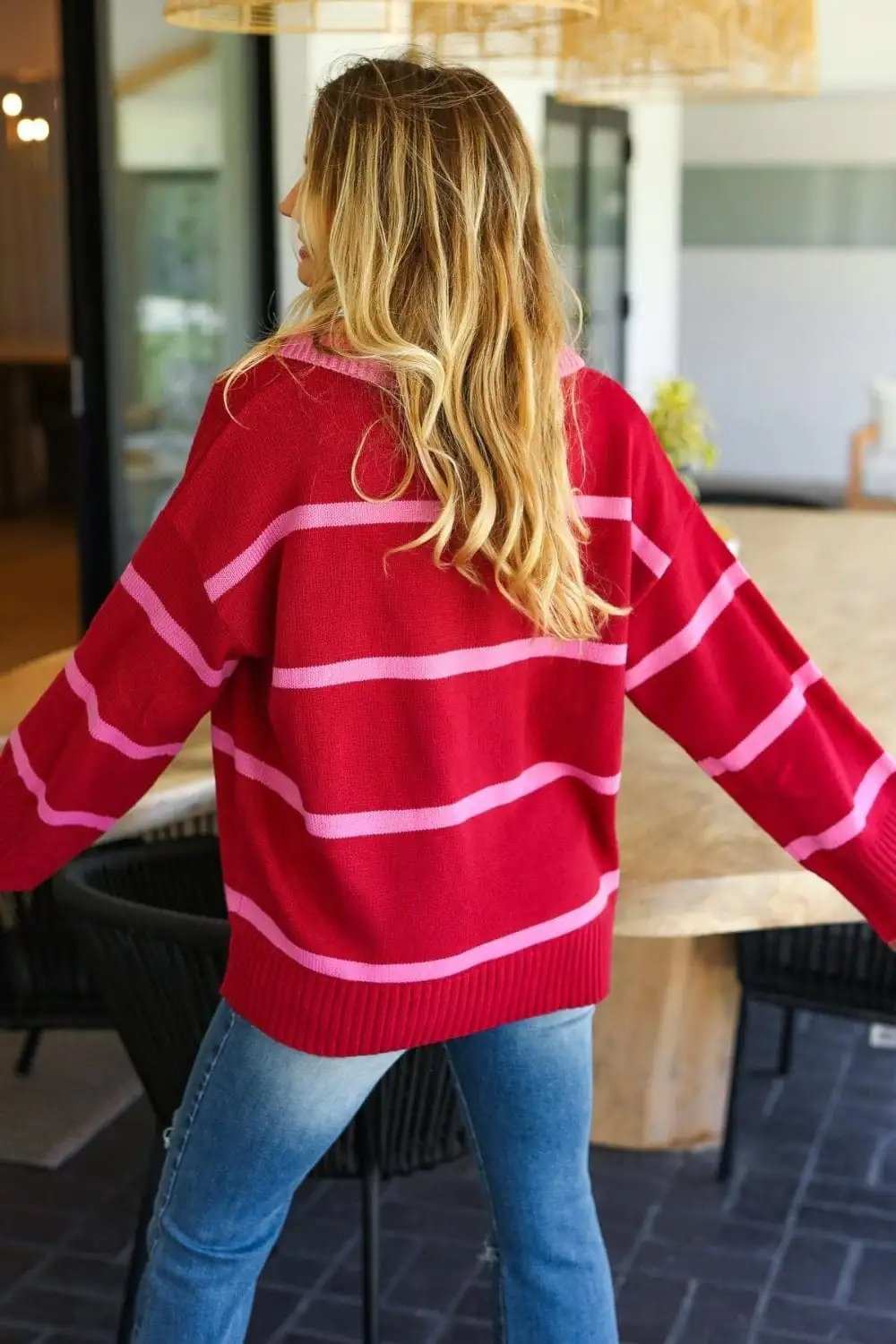Haptics Collared Neck Striped Contrast Sweater - Trendsi - Flyclothing LLC