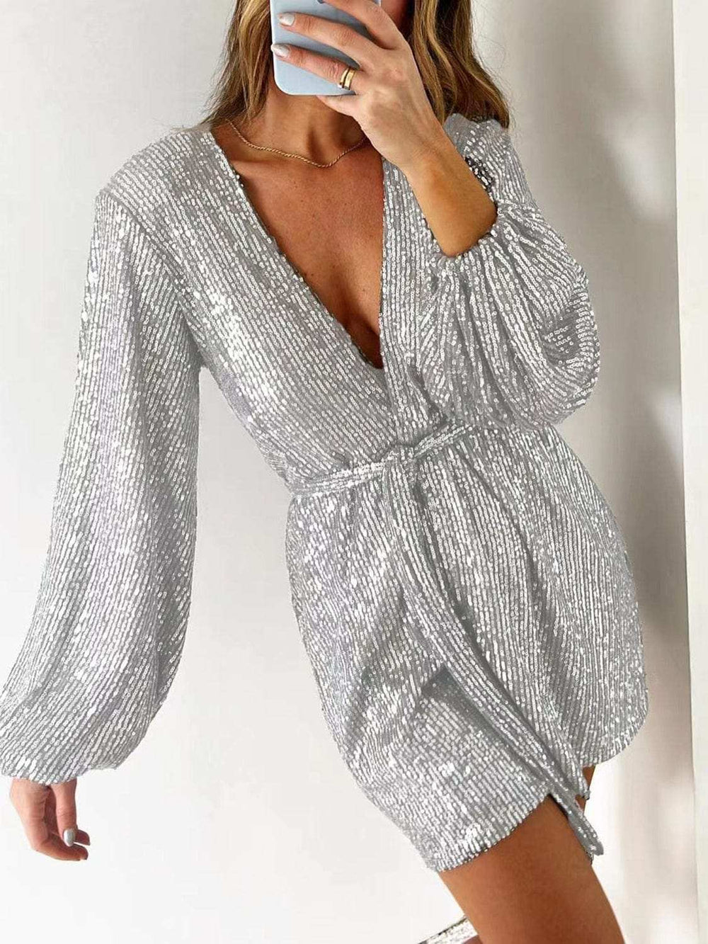 Full Size Sequin Surplice Tie Waist Long Sleeve Romper - Trendsi - Flyclothing LLC