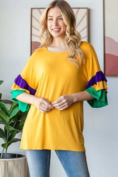 Heimish Full Size Round Neck Color Block Ruffled Half Sleeve Top Plus Size - Trendsi - Flyclothing LLC
