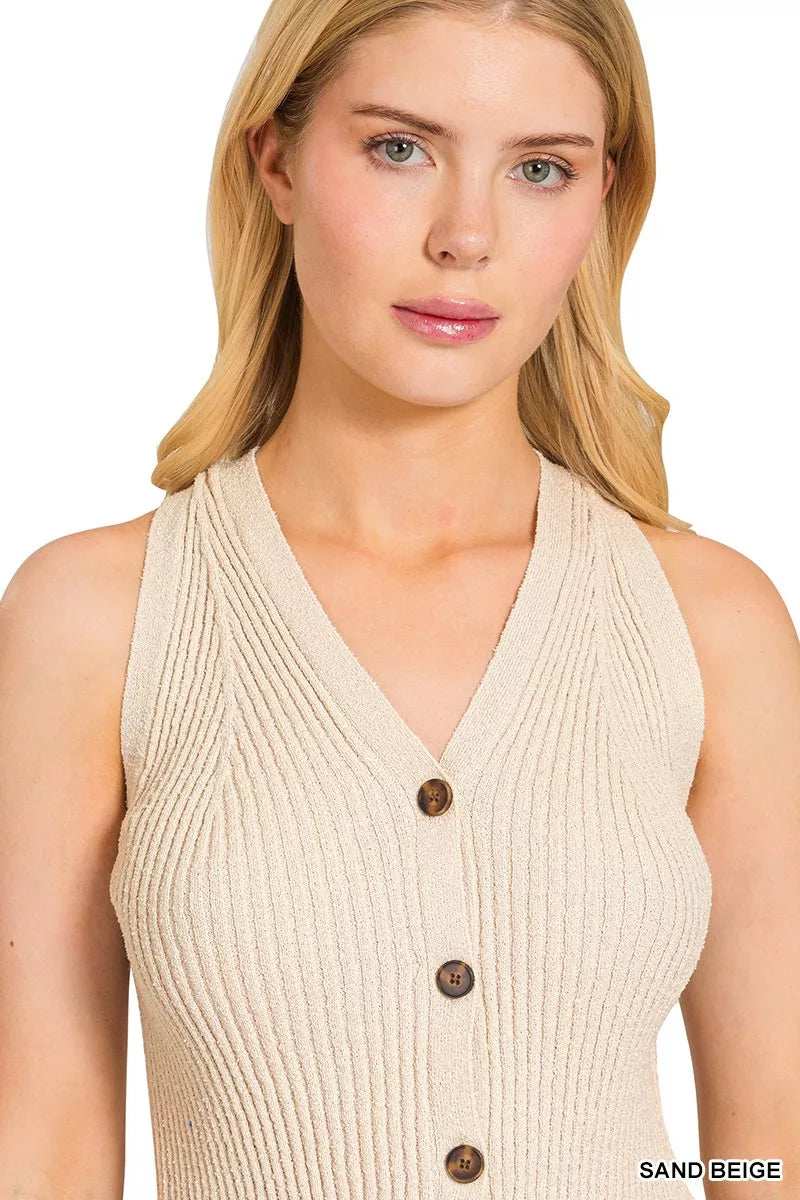 Zenana Ribbed Knit Button-Down Sweater Vest - Trendsi - Flyclothing LLC