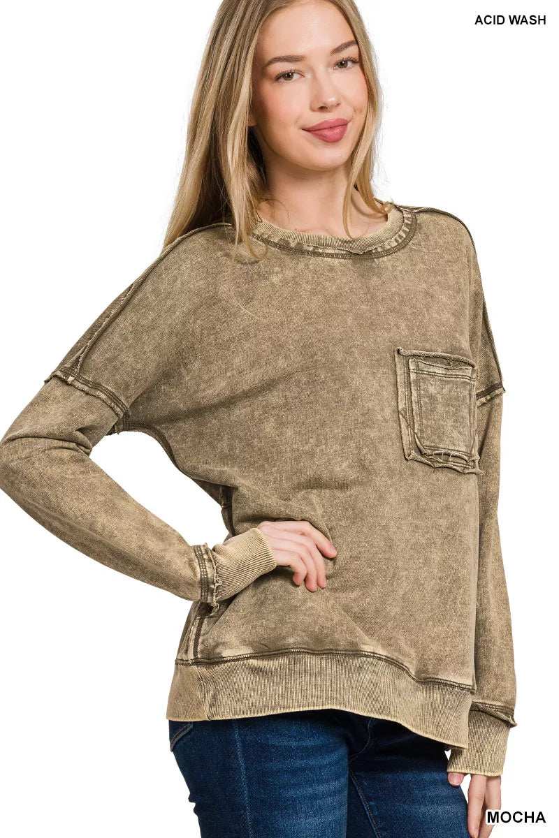 Zenana French Terry Washed Raw Edge Front Pocket Pullover - Trendsi - Flyclothing LLC