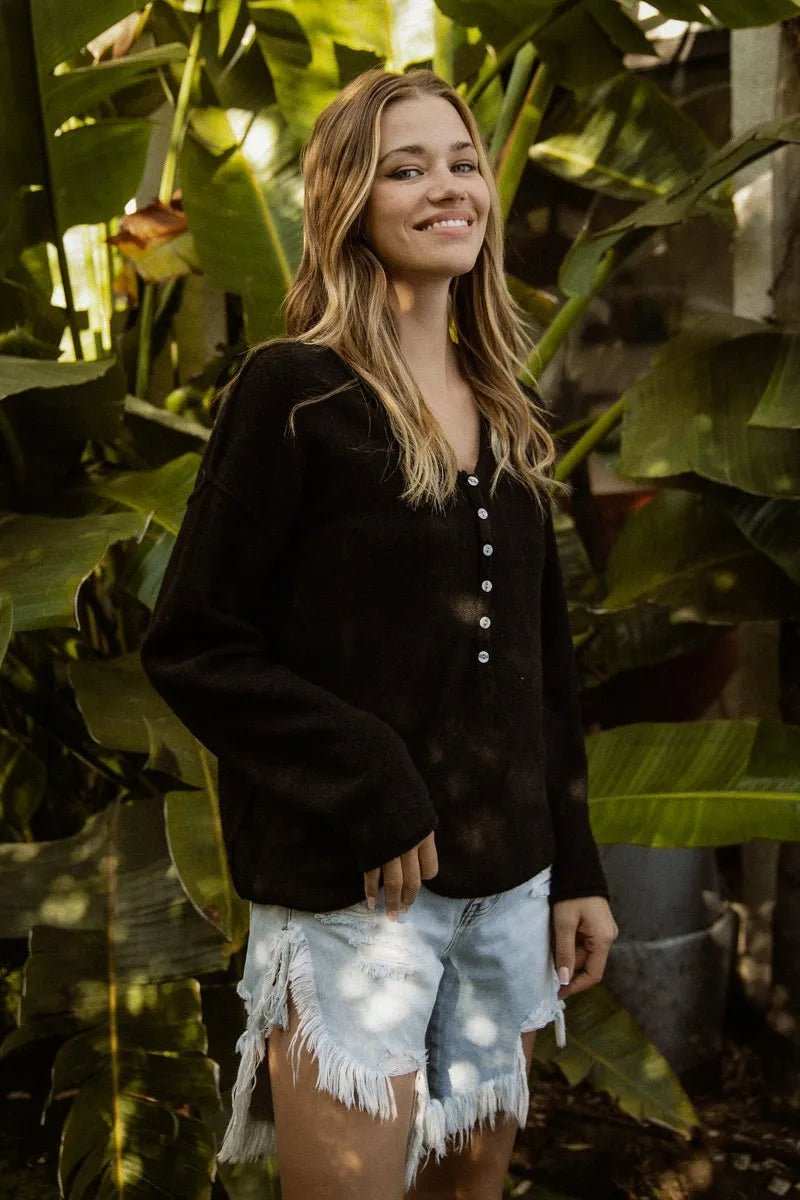 BiBi V Neck Sweater Top With Button Details - Trendsi - Flyclothing LLC