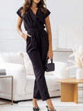 Surplice Cap Sleeve Tie Waist Jumpsuit - Trendsi - Flyclothing LLC