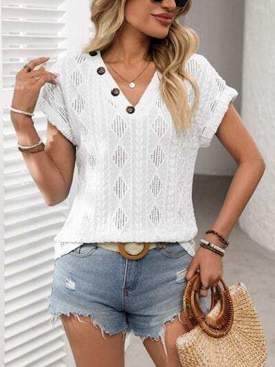 Openwork V-Neck Short Sleeve T-Shirt - Trendsi - Flyclothing LLC