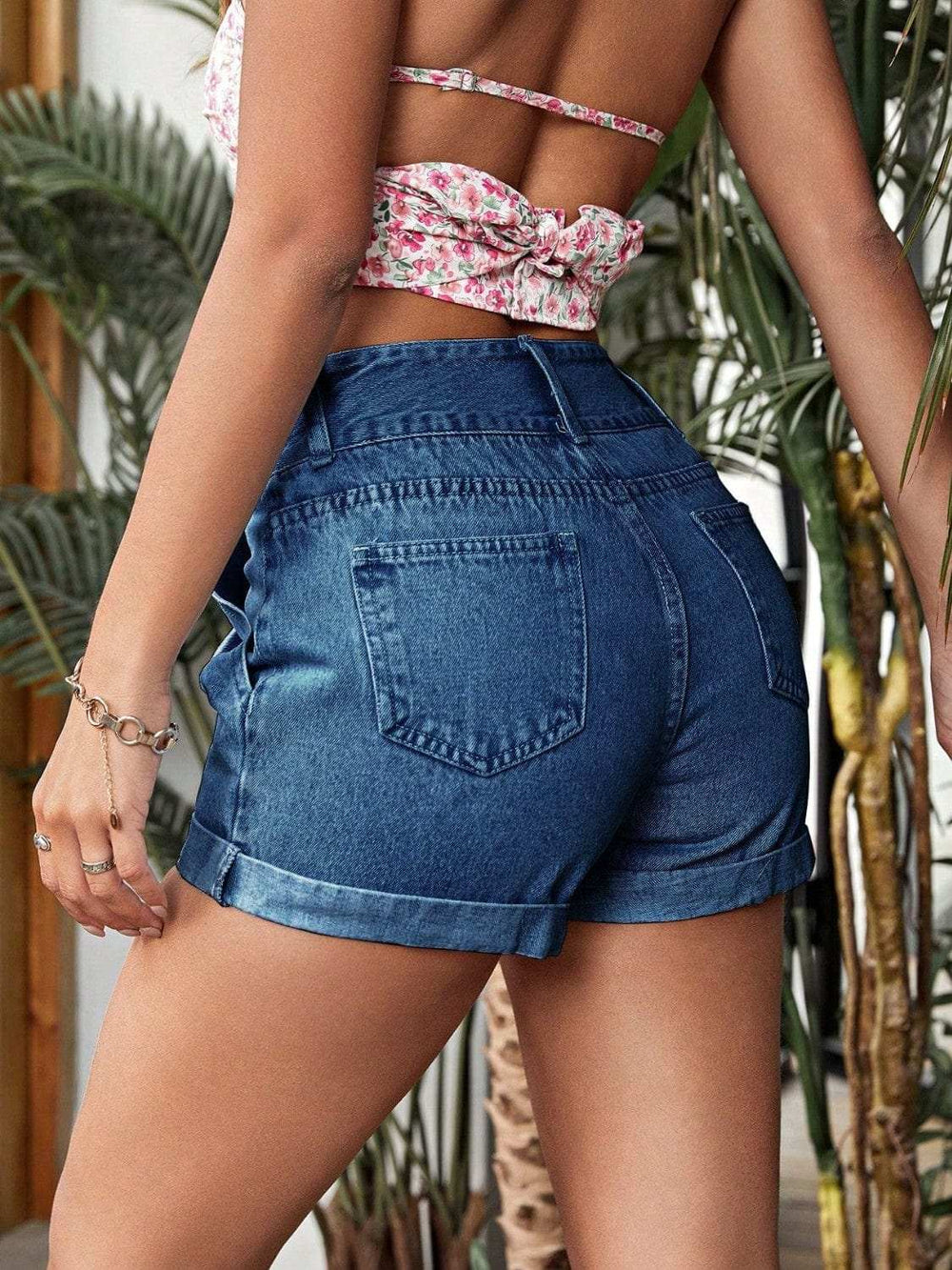 Pleated Detail High Rise Denim Shorts - Trendsi - Flyclothing LLC