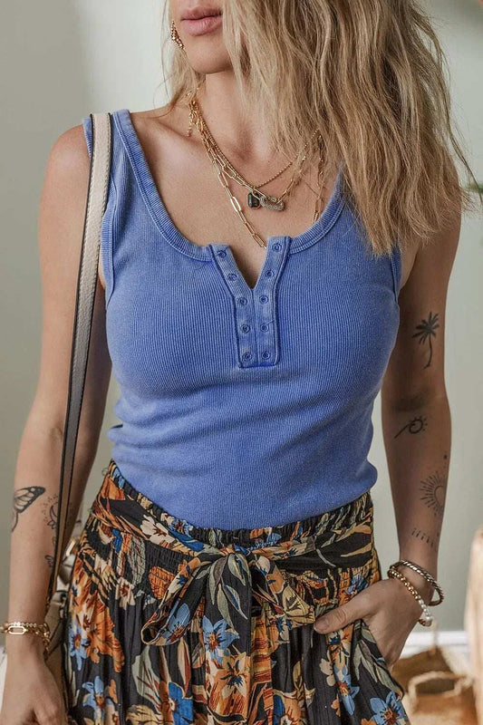 Mineral Wash Ribbed Notch Neck Tank - Trendsi - Flyclothing LLC