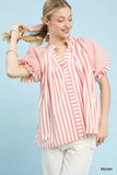 Umgee Striped Notched Top with Short Flutter Sleeves - Trendsi - Flyclothing LLC