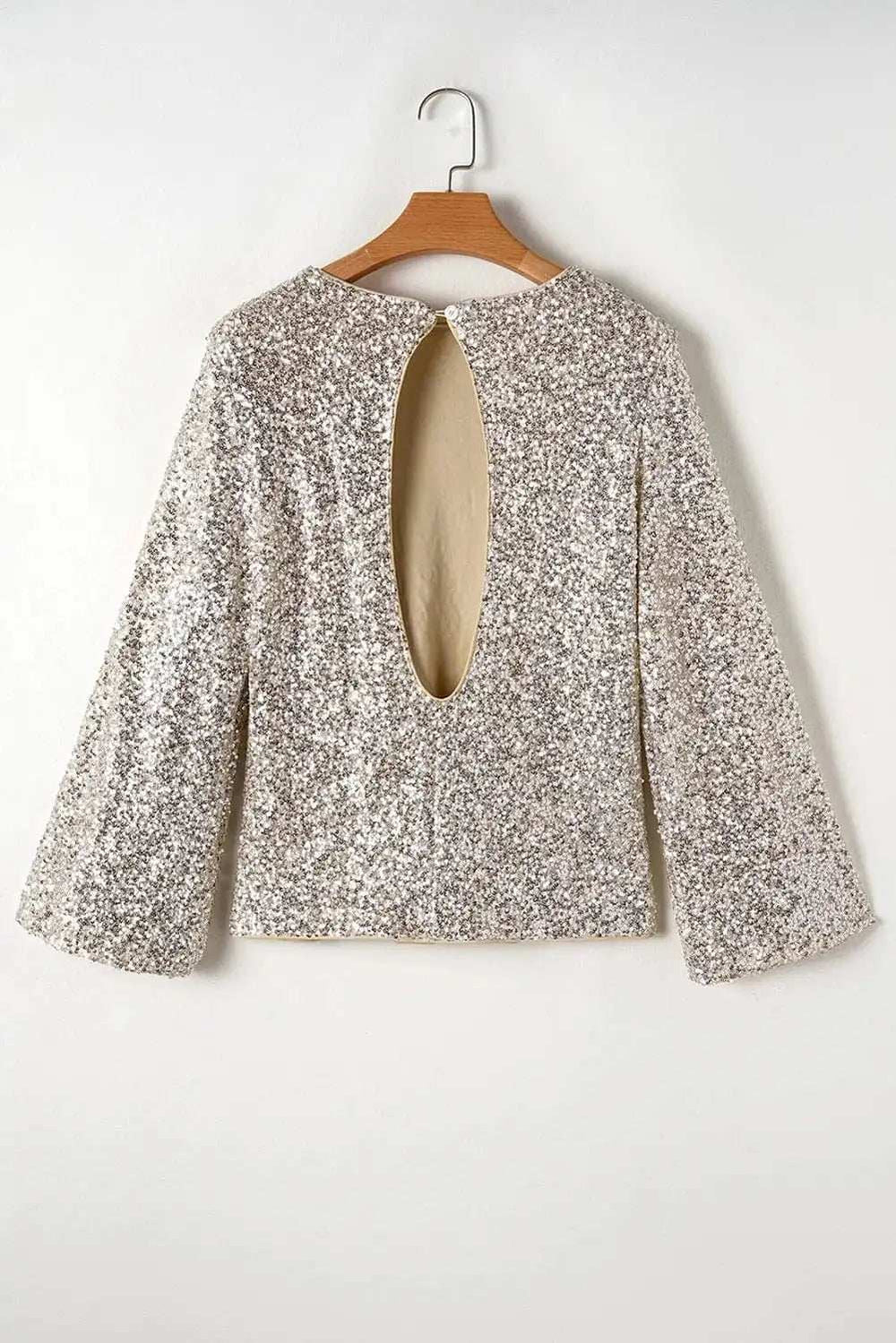 Cutout Sequin Round Neck Long Sleeve Blouse - Trendsi - Flyclothing LLC