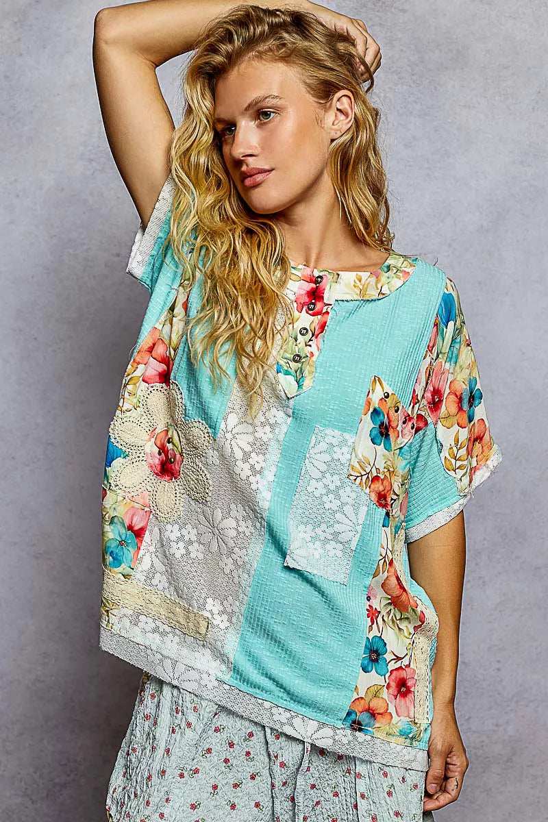 POL Lace Round Neck Short Sleeve Floral Pattern Top with Patch Detail - Trendsi - Flyclothing LLC