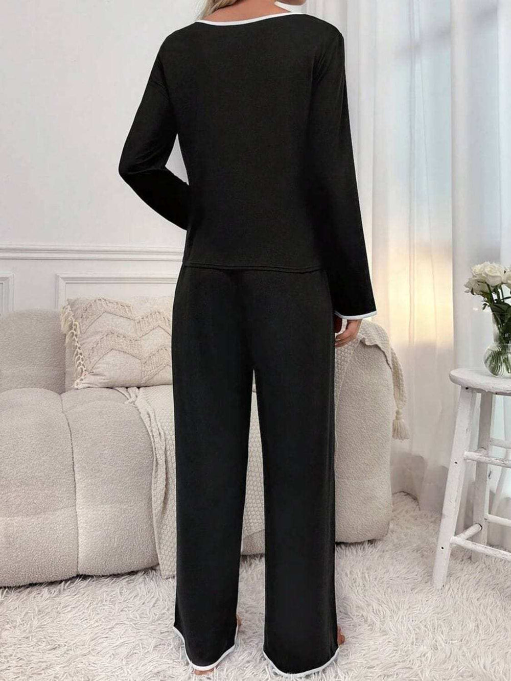Contrast Trim Notched Long Sleeve Top and Pants Lounge Set - Trendsi - Flyclothing LLC