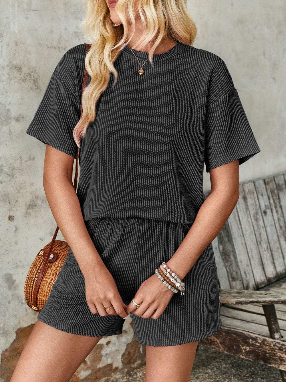 Textured Round Neck Short Sleeve Top and Shorts Set - Trendsi - Flyclothing LLC