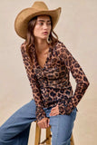 BiBi Leopard Printed Mesh Shirt With Button Up V Neck - Trendsi - Flyclothing LLC