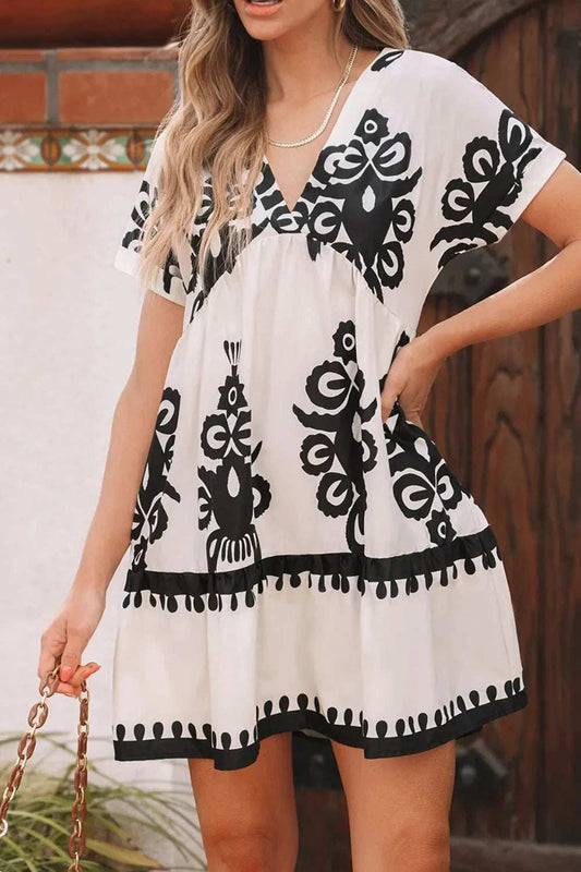 Printed V-Neck Short Sleeve Dress - Trendsi - Flyclothing LLC