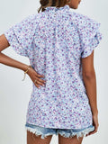 Ditsy Floral Mock Neck Flounce Sleeve Blouse - Trendsi - Flyclothing LLC