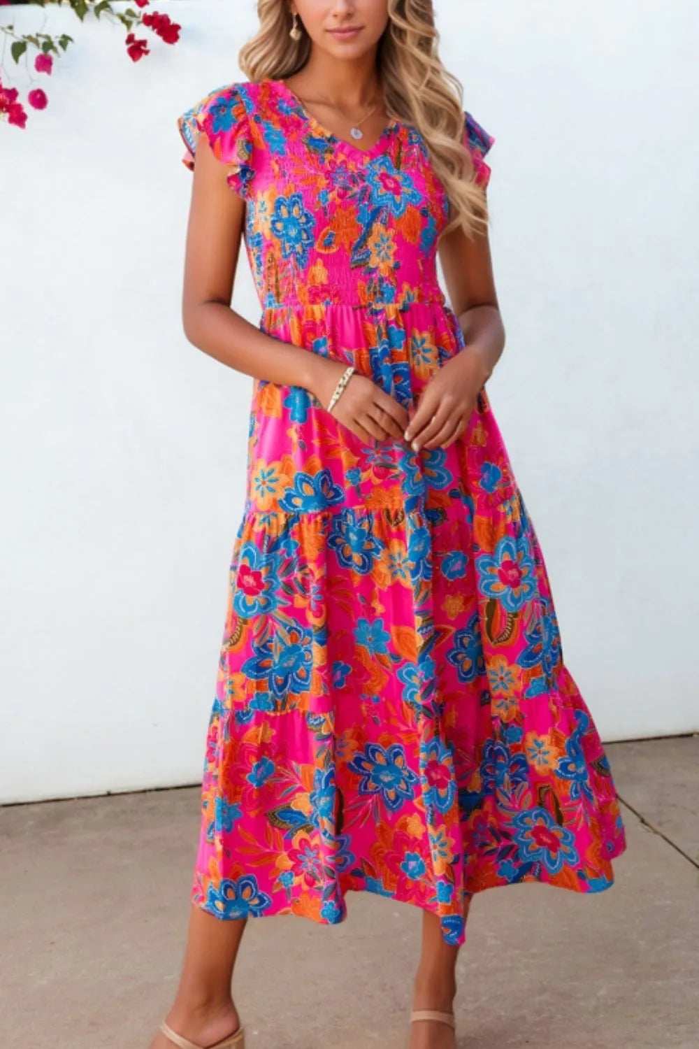 Boho Floral V Neck Ruffle Tiered Dress - Trendsi - Flyclothing LLC