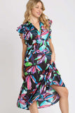 Umgee Full Size Leaf Print Double Layered Ruffle Sleeve Tiered Midi Dress Plus Size - Trendsi - Flyclothing LLC