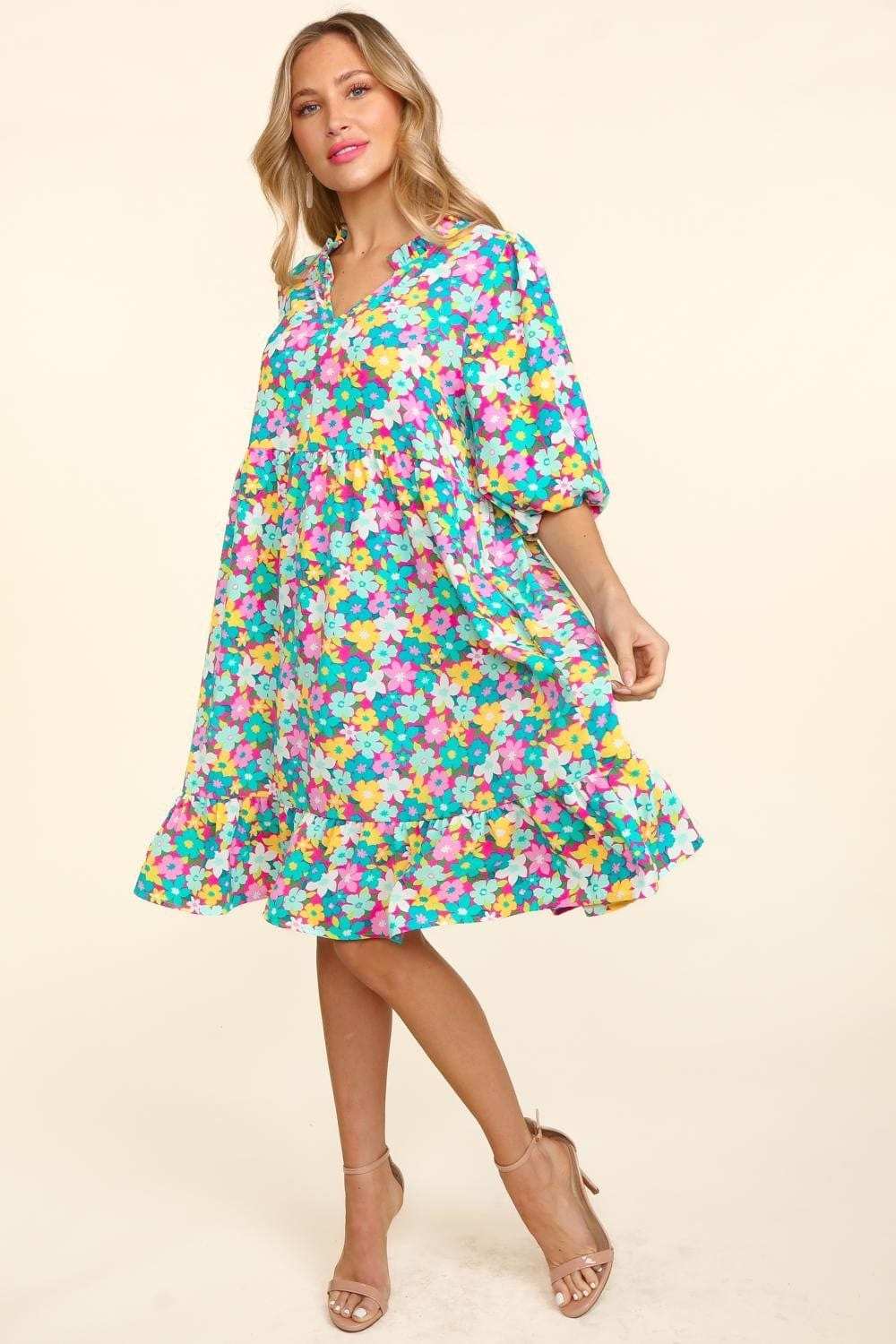 Haptics Bubble Sleeve Floral Ruffled Dress - Trendsi - Flyclothing LLC