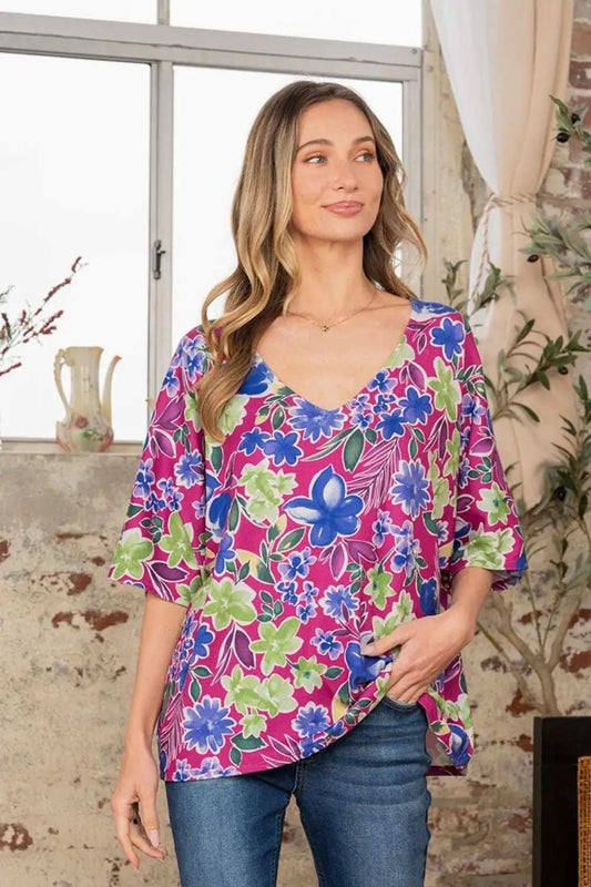 Sew In Love Full Size V-Neck Floral Half Sleeve Top - Trendsi - Flyclothing LLC