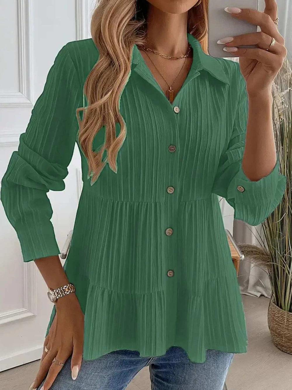 Striped Button-Down Tiered Shirt - Trendsi - Flyclothing LLC
