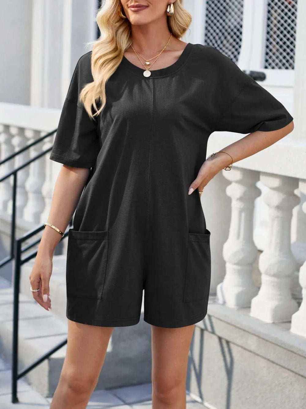 Backless Round Neck Half Sleeve Romper - Trendsi - Flyclothing LLC