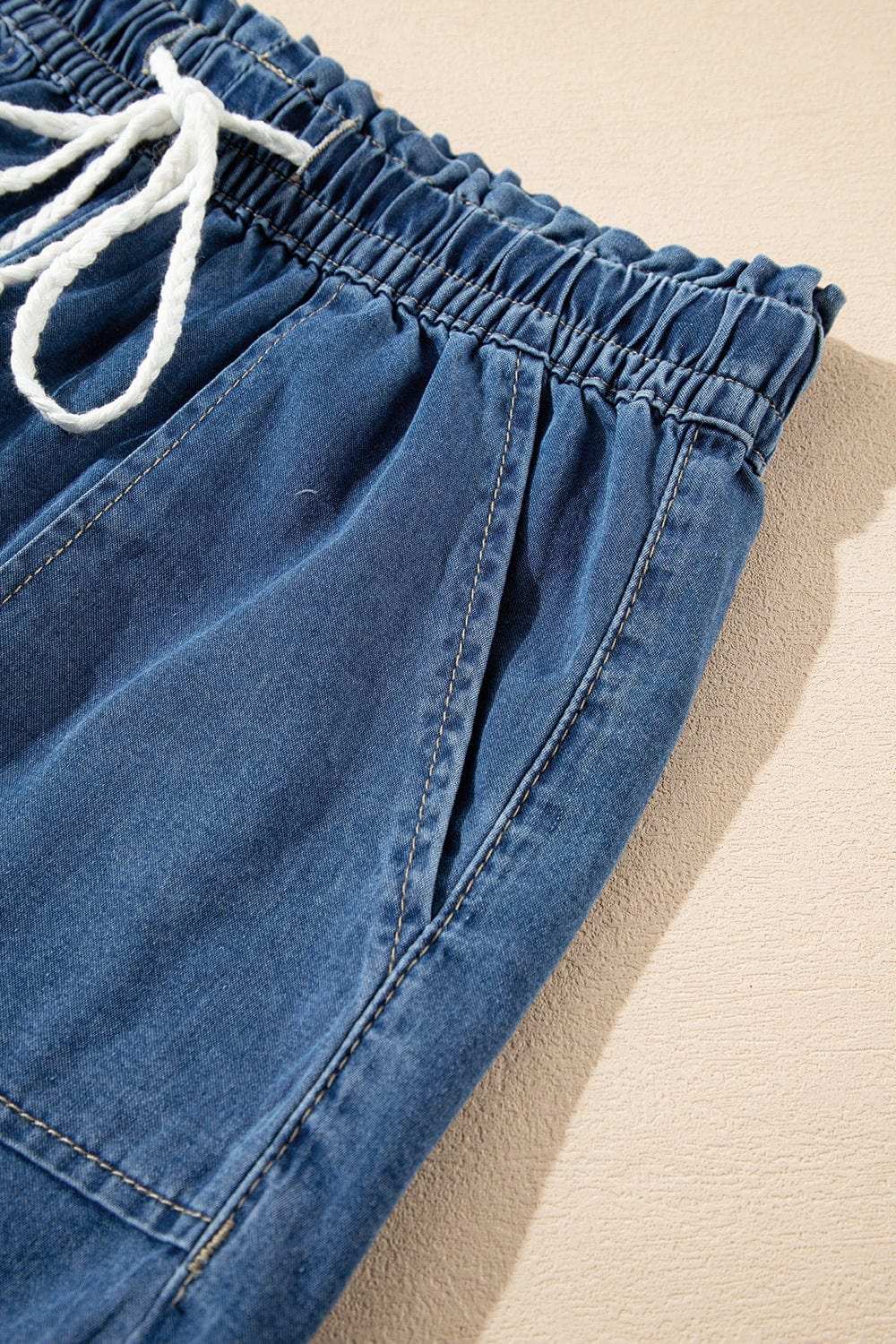 Raw Hem Drawstring High Waist Denim Shorts with Pockets - Trendsi - Flyclothing LLC